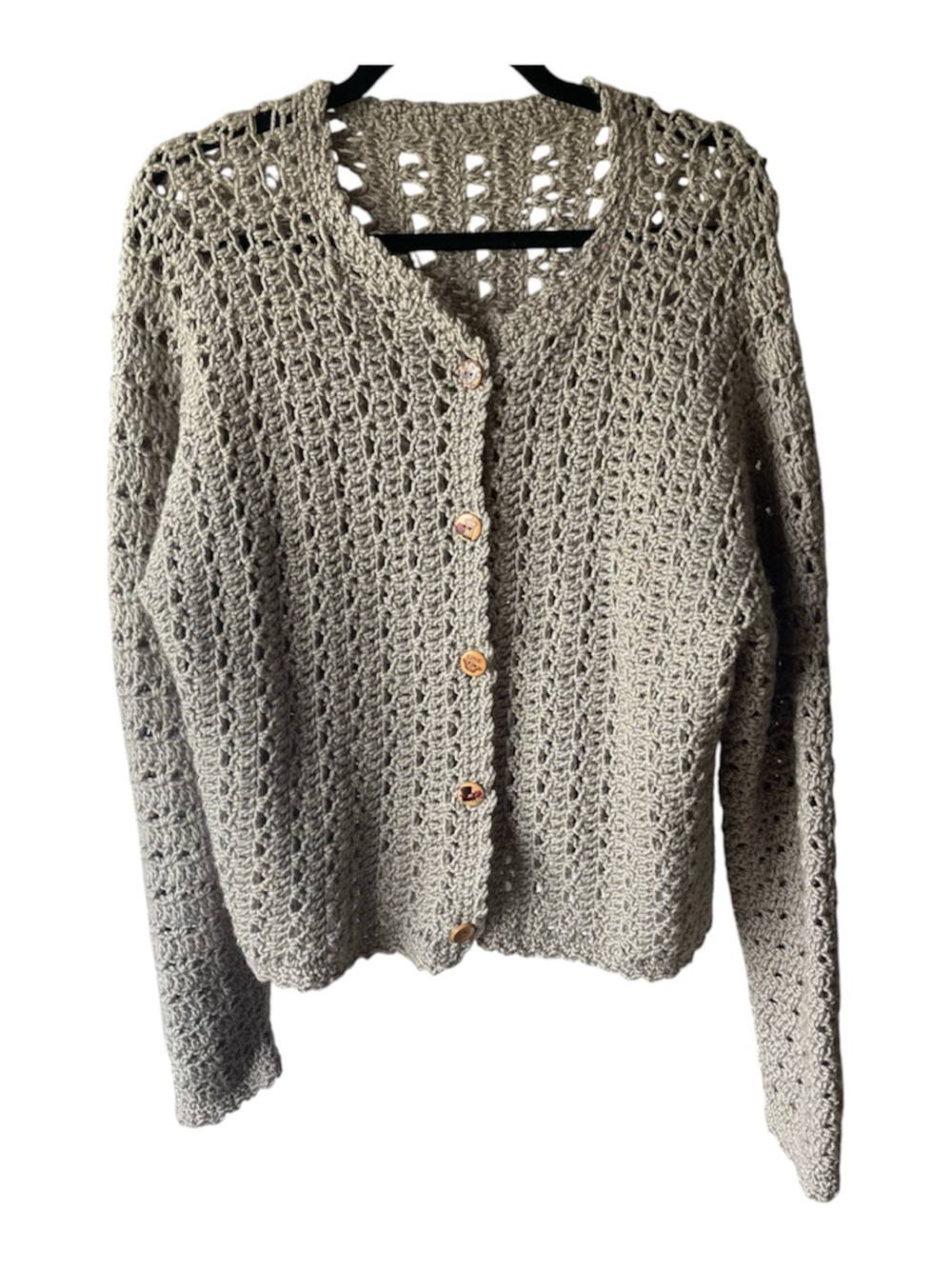 Handmade Artisan Crochet Button-Up Cardigan Sweater, Light Sage Green , L/XL